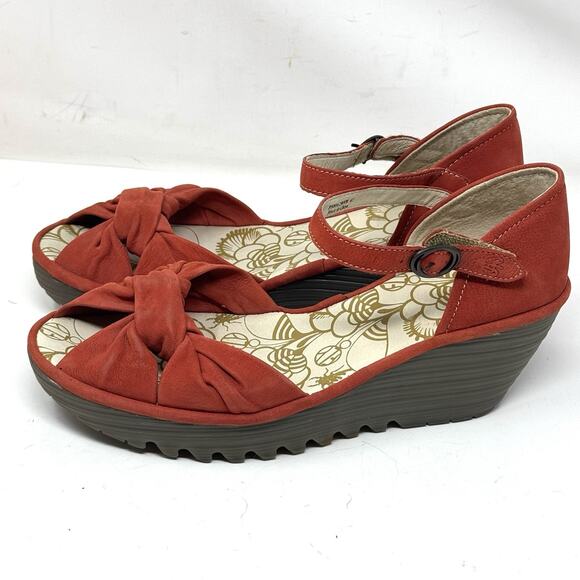 Fly London Yoel Ankle Strap Wedge Suede Sandals Burnt Orange - Picture 1 of 7